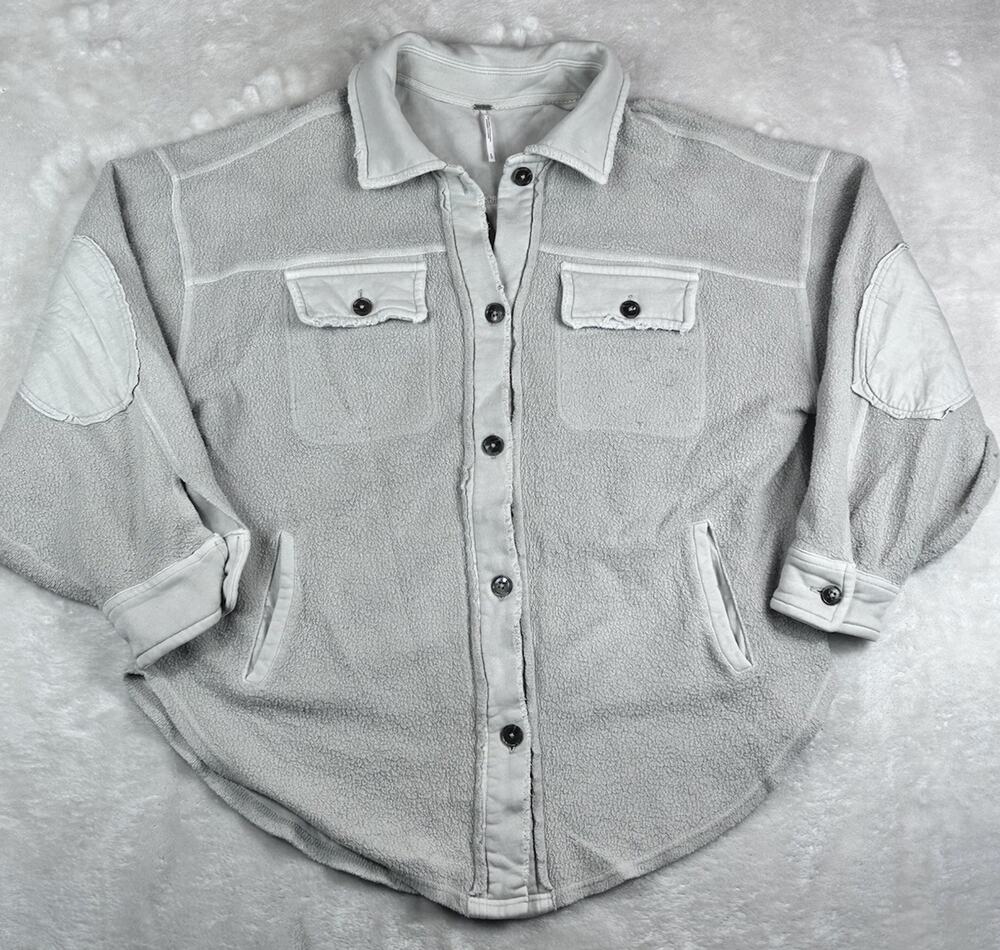 Free People Fleece Jacket Women’s Sz Small Ivory Button Up Elbow Patches Boho
